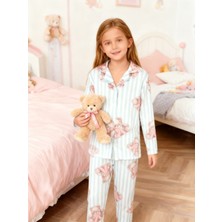 NiCe İç Giyim Pembe Ayıcık Desenli Çizgili Milan Pamuklu Ince Yumuşacık Kumaş Gömlek Yaka Kız Çocuk Pijama Takım