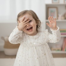 Bebeva Baby Altın Yıldızlı Tüllü Kız Bebek Doğum Günü Elbisesi - Ekru