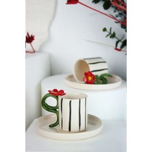 El Yapımı Çiçek Figürlü Seramik Kahve Fincan Takımı 2'li 80ML