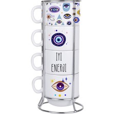 Şık 4'lü Standlı Fincan Seti, Nazar Boncuklu, Hediyelik Tasarım