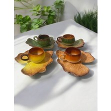 Çay Kahve Fincanı Seti, Dekoratif Kabak Yaprak Figürlü, 4 Kişilik