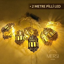 Mersi Shop Ramazan Kandili Figürlü 2 Metre Pilli Gold Metal Dekoratif LED Işık Zinciri