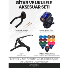 Arpeggio Arte Gitar & Ukulele Aksesuar Seti | Tuner (Akort Cihazı) + Metal Kapo + Gitar Duvar Askı Aparatı + 14 Karışık Renk Pena (0,46-0,71-0,96)