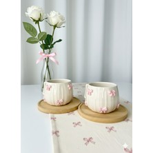 El Yapımı Pembe Kurdele Detaylı 2'li Porselen Fincan Takımı