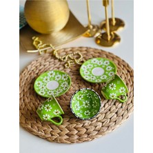 Anneler Günü Yeşil Papatya Çiçek 2 Kişilik Kahve Fincan ve Kase Seti