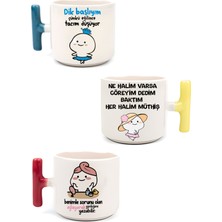 El Yapımı Kedi Motto Latte ve Espresso Tüplü 3'lü Kupa Seti