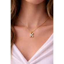 Dasemura 316L Çelik Gold Renk Zirkon Taşlı Harf Kolye - Kişiye Özel Isim Baş Harfli Zincir -K Harfi