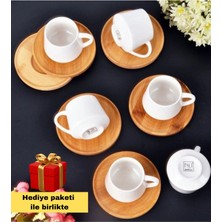 Şık 6'lı Porselen Kahve Fincanı Seti, Bambu Tabaklı, 90 Ml, Beyaz