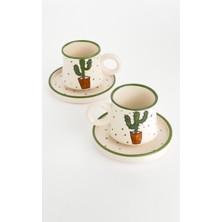El Yapımı Kaktüs Desenli Seramik Kahve Fincanı Takım, Şıklık ve Zarafet