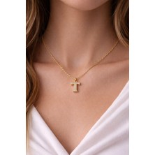 Dasemura 316L Çelik Gold Renk Zirkon Taşlı Harf Kolye - Kişiye Özel Isim Baş Harfli Zincir - T Harfi