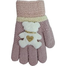 Spteks Kitti 4-8 Yaş Kız Çocuk Pudra Renk Sevimli Ayıcık Figürlü Kışlık Örme Eldiven