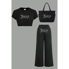 Bozz Collection Kadın Juicy Kristal Taş Baskılı Eşofman Crop Bluz Çanta Baggy Eşofman Crop Top Bluz Takım