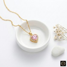 Stainless Steel 316L Paslanmaz Çelik Gold Renk Pembe Zirkon Taşlı Kalp Kolye