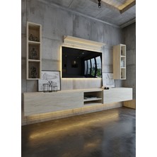 Online Fırsat Mutlu Ol Mutlu Kal Resital Ledli Duvara Monte Tv Sehpası - Traverten - W6001-8