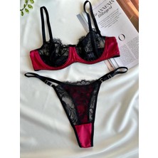 Saten Balenli Iç Çamaşırı Takımı Siyah Bordo