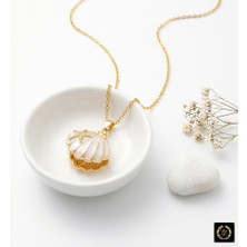 Stainless Steel 316L Paslanmaz Çelik Gold Renk Beyaz Işlemeli Istiridye Kolye