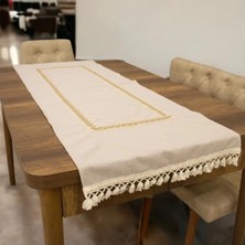 NDC Home Keten Bej Renk Jüt Dantel Ponponlu Runner 50 x 150