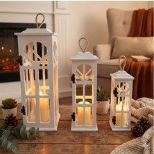 Liya Bella 3’lü Lüx Dekoratif Ahşap Fener Seti Mumluk Şamdan Ev & Balkon Dekorasyonu