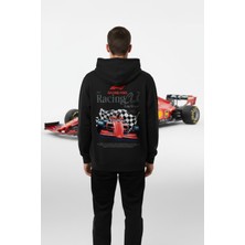 Overoz Las Vegas Racing Club Baskılı Kapüşonlu Yarı Oversize Sweatshirt Siyah Hoodie 1412