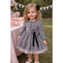 Lav Mer Kids Kız Çocuk Kazayağı Desenli Fiyonk Detaylı Uzun Kollu Elbise – Tül Etekli Şık Tasarım