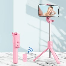 Pembe Teleskopik Uzaktan Kumandalı Selfie Çubuğu Tripod Katlanabilir