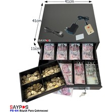 Saypos Açma Buton ve Adaptörlü 6 Kağıt Para Gözlü Gizli Hazneli Büyük Para Çekmecesi Anahtarlı 41X41X11CM