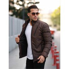 Erkek Kahverengi Dik Yaka Dokulu Şişme Mont