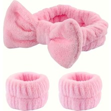 Moresun 3 Parça Pembe Flanel Yaylı Bileklik Yüz Temizleme Seti