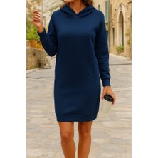 Yeşil Sarmaşık Kadın Uzun Kollu Kapşonlu Kısa Iki Iplik Elbise