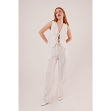 Yeşil Sarmaşık Ön Bağlama Detaylı Yelek ve Pantolon Ekru Çizgili Ikili Takım