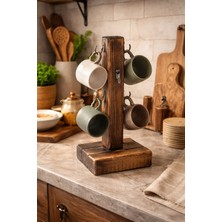 Yediotuz Digital Pazarlama Rustik Masif Ahşap El Yapımı Kupa Askılığı - 6 Bölmeli Modern Kahve Köşesi Düzenleyici