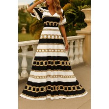 Yeşil Sarmaşık Kadın Kısa Kollu V Yakalı Desenli Süprem Elbise