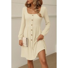 Yeşil Sarmaşık Kadın Uzun Kollu Kare Yaka Düğmeli Kısa Şardonlu Iki Iplik Mini Elbise