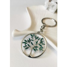 Halley Concept Gümüş Renk Yeşil Kristal Zirkon Taşlı Hayat Ağacı Figürlü Anahtarlık ve Çanta Charmı