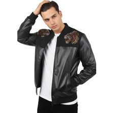 Rizzup Siyah Kaplan Taş Detaylı Slim Fit Likralı Kolej Yaka Erkek Suni Deri Ceket 2600927