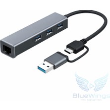 Blue Wings Multi Girişli USB Type-C Ethernet Adaptör 3 Port USB 3.0 Hub RJ45 Gigabit 1000 Mbps Lan Dönüştürücü MacBook / Laptop Uyumlu