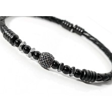Moncuk Design Siyah Örgü Deri ve Zirkon, Hematit, Oniks Taşlı Yaylı Erkek Bileklik – Doğal Şıklık ve Modern Detaylar
