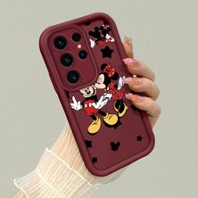 HONTINGA Samsung Galaxy S23 Ultra ile Uyumlu Kılıfı Düşüme Önleyici Basitlik Anti Düşme Kamera Korumali Mickey Minnie Desen Bordo Yumuşak Silikon Telefon Kılıfı K2-7209