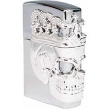 Als Metal Gazlı Çakmak – Zippo Tarzı Kapaklı, Kuru Kafa Kabartma Figür Desenli, Dolumlu Metal Çakmak