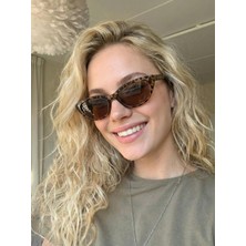 Aventino Leopar Çerçeve Kahverengi Cam Çekik Cat Eye Minik Çekik Trend Küçük Boy Güneş Gözlüğü