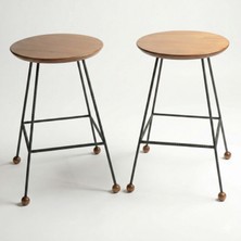 Wood Stone Art 2'li Set Ahşap Oturaklı Metal Ayaklı Tabure Seti 47 cm – Modern Endüstriyel Tasarım