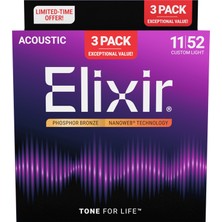 Elixir 011-052 Fosfor Bronz Akustik Gitar Teli Ekonomik 3'lü Set (16568)