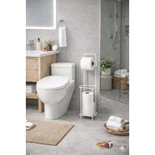 TncPatiShop Kare Beyaz Standlı Yedekli Çok Amaçlı Metal Tuvalet Wc Kağıtlığı Yedek Rulo Bölmeli - Beyaz Kare
