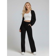 Trendseninle Kadın Siyah Fitilli Örme Yelek Pantolon Takım