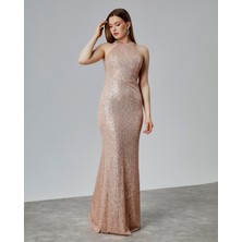 Asees Halter Yaka Payet Balık Abiye Elbise