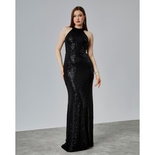 Asees Halter Yaka Payet Balık Abiye Elbise