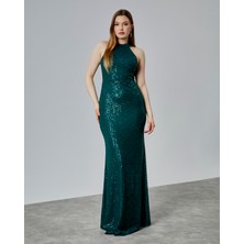 Asees Halter Yaka Payet Balık Abiye Elbise