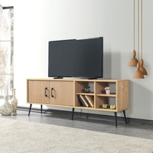 EVMO Home Şile 160 Cm Metal Ayaklı Kulplu TV Ünitesi Raflı 2 Kapaklı Tv Sehpası Yunus-Safir 3610