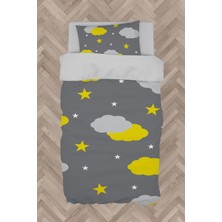 Mekta Home  Gri Sarı Bulutlu Yıldız Desenli Nevresim Takımı