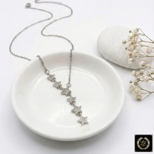 Stainless Steel 316L Çelik Gümüş Renk Beyaz Zirkon Taşlı Sıralı Yıldız Kolye (Kararmaz Garantili)